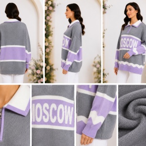 Pulover Damă Oversized Gri cu Lila și Alb „Moscow”, Guler Polo cu Fermoar - Img 2