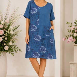 Rochie Albastră din Bumbac 100% cu Imprimeu Floral și Buzunar – Croială Lejeră