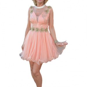 Rochie baby-doll din tul si dantela cu flori aurii 3D aplicate - Img 1