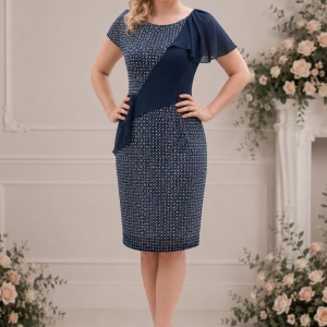Rochie bleumarin cu imprimeu deiosebit cu alb, de lungime medie