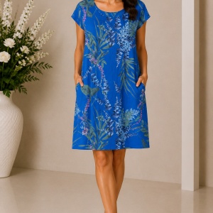 Rochie bleumarin din 100% in cu imprimeu floral și buzunare laterale