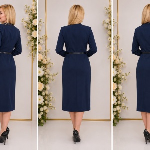 Rochie bleumarin din material gros, cu detalii din piele ecologica - Img 2