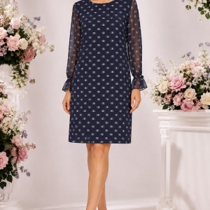 Rochie Bleumarin Elegantă cu Imprimeu și Mâneci din Voal