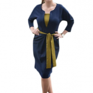 Rochie bleumarin masura mare cu insertii de tesatura mustarie - Img 1