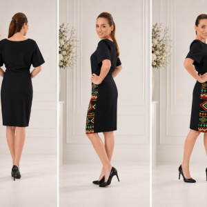 Rochie casual cu maneca scurta, neagra cu broderie multicolora - Img 2
