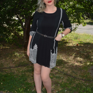 Rochie casual, din voal plisat, cu maneci trei-sferturi, negru-alb - Img 6