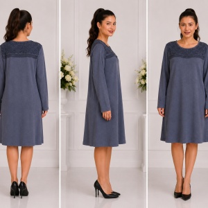 Rochie casual Leylla din tricot cu insertii de broderie,nuanta de bleumarin - Img 2