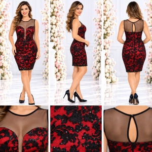 Rochie chic, nuante de negru-rosu, design interesant de paiete - Img 2