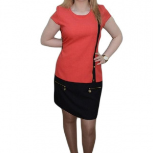 Rochie corai cu negru, cu decolteu mic, rotund, masura mare - Img 1