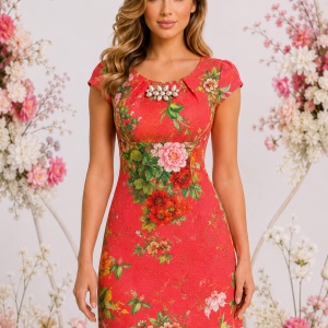 Rochie corai, elegantă cu imprimeu floral și broșă cu perle - Img 2