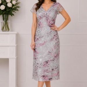 Rochie cu imprimeu abstract, nuanta de gri, decolteu in V