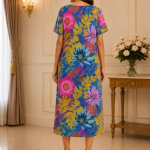 Rochie damă albastru regal cu imprimeu floral și croială vaporoasă in A - Img 3
