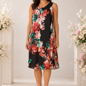Rochie damă cu imprimeu floral multicolor și detaliu decorativ la decolteu