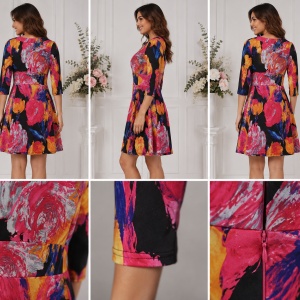 Rochie damă elegantă cu imprimeu floral multicolor și talie evidențiată - Img 2