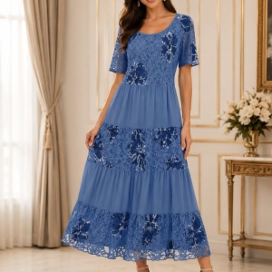 Rochie damă lejeră albastra cu dantela și flori ,croială vaporoasă