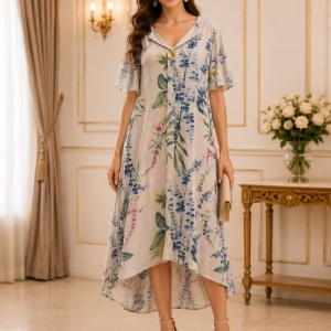 Rochie damă lejeră nisipiu cu imprimeu floral și croială vaporoasă - Img 4