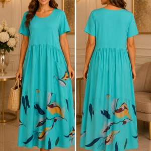 Rochie damă turcoaz, lejeră cu imprimeu colorat și buzunar decorativ - Img 3