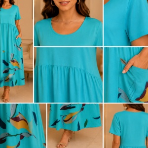 Rochie damă turcoaz, lejeră cu imprimeu colorat și buzunar decorativ - Img 4