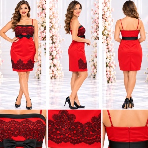Rochie de gala cambrata pe corp, din saten rosu cu broderie neagra - Img 2
