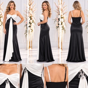 Rochie de gala, design elegant, combinatie de saten negru cu alb - Img 2