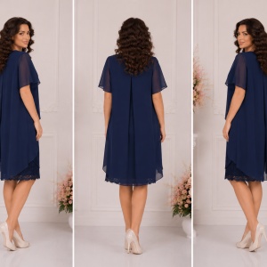 Rochie de gala din dantela si voal vaporos aplicat, bleumarin - Img 2