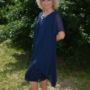 Rochie de gala din dantela si voal vaporos aplicat, bleumarin - Img 4