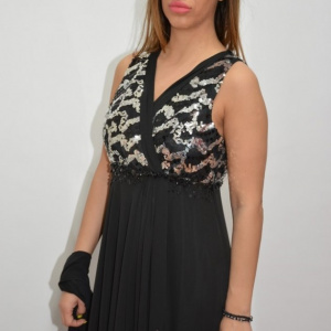 Rochie de gala lunga, cu insertii de paiete argintii, pe fond negru - Img 4