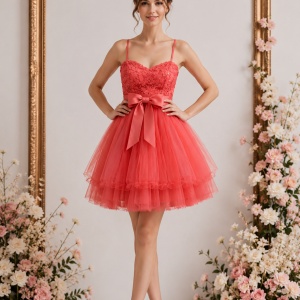 Rochie de ocazie corai, cu model de paiete si fusta voluminoasa