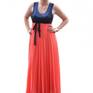 Rochie de ocazie, frumoasa, combinatie de corai cu bleumarin, lunga - Img 1