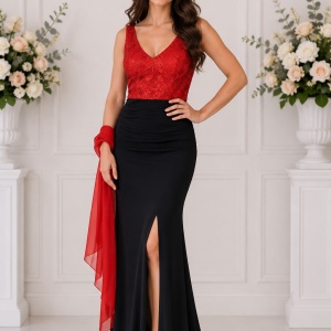 Rochie de ocazie lunga, de culoare rosie, cu broderie abstracta