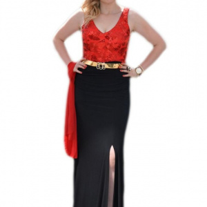 Rochie de ocazie lunga, de culoare rosie, cu broderie abstracta - Img 1