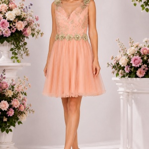 Rochie de Ocazie Piersică cu Broderie Aurie, Flori 3D și Fustă din Tulle