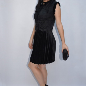Rochie de ocazie Relisa cu guler incretit si insertii de dantela,negru - Img 4