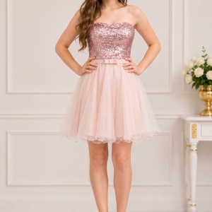Rochie de ocazie, scurta, de culoare plamanie cu paiete marunte
