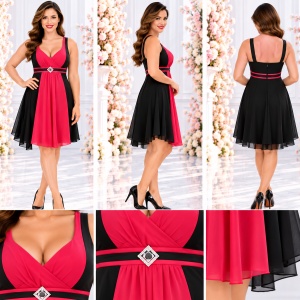 Rochie de ocazie scurta, neagra cu insertie de material roz aprins - Img 2