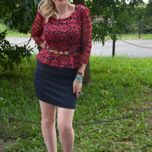 Rochie de seara , bleumarin cu dantela rosie, peplum in talie - Img 4