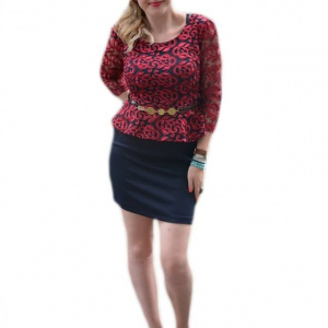 Rochie de seara , bleumarin cu dantela rosie, peplum in talie - Img 1