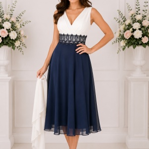 Rochie de seara, de lungime medie, bleumarin cu alb