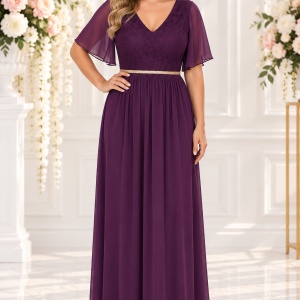 Rochie de seara deosebita, mov, din voal combinat cu dantela