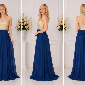 Rochie de seara lunga, aurie cu bleumarin, model superb - Img 4