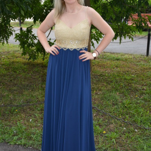 Rochie de seara lunga, aurie cu bleumarin, model superb - Img 3