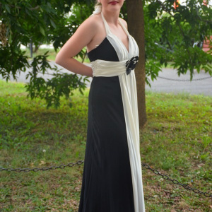 Rochie de seara lunga eleganta, combinatie de negru cu alb, din voal - Img 3