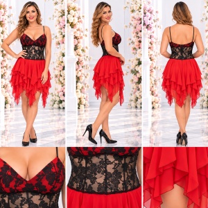 Rochie de seara rosie, design asimetric, cu insertii din dantela neagra - Img 2