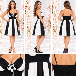 Rochie de seara scurta, cu design in dungi verticale negre si albe - Img 2