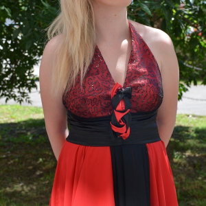 Rochie de seara scurta rosie, cu insertii de paiete si detalii negre - Img 5