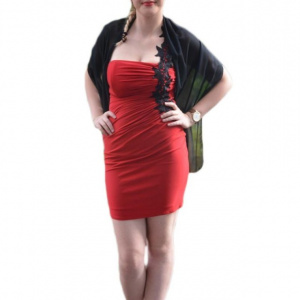 Rochie de seara scurta, rosie, cu insertii din dantela si broderie neagra - Img 1