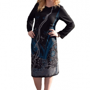 Rochie de toamna-iarna cu maneca lunga, nuanta de negru-turcoaz - Img 1