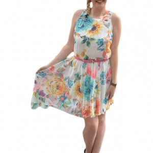 Rochie de vara, model asimetric cu imprimeu floral viu colorat - Img 1