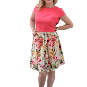 Rochie de zi, cu fusta multicolora si bluza roza, cu maneca scurta - Img 1