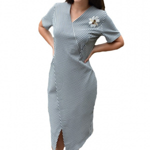 Rochie de zi Gianina cu dungi si crepeu,nuanta de alb-bleumarin - Img 1